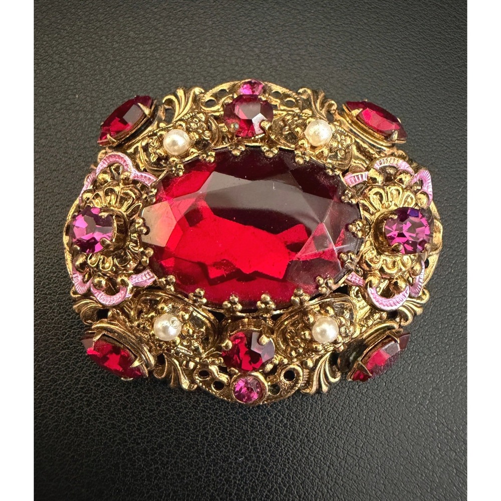 Vintage Rhinestone Brooch Victorian Revival Germany Red Pink Enamel Gold Tone